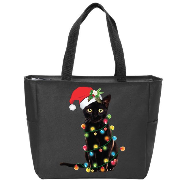 Christmas Lights Black Cat Santa Zip Tote Bag