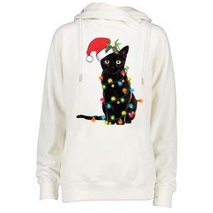 Christmas Lights Black Cat Santa Womens Funnel Neck Pullover Hood