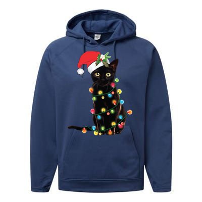 Christmas Lights Black Cat Santa Performance Fleece Hoodie