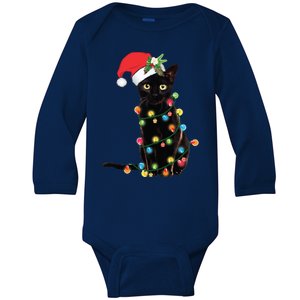 Christmas Lights Black Cat Santa Baby Long Sleeve Bodysuit