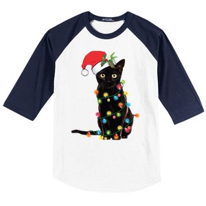 Christmas Lights Black Cat Santa Baseball Sleeve Shirt