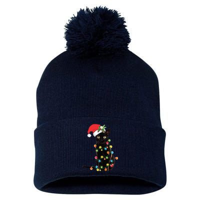 Christmas Lights Black Cat Santa Pom Pom 12in Knit Beanie