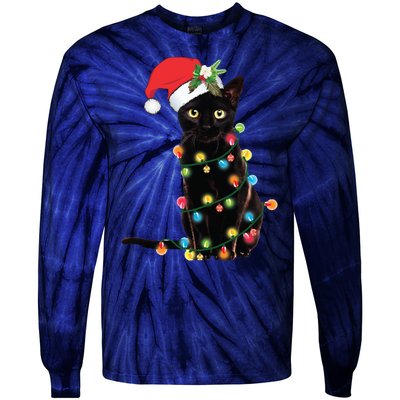 Christmas Lights Black Cat Santa Tie-Dye Long Sleeve Shirt