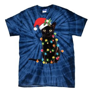 Christmas Lights Black Cat Santa Tie-Dye T-Shirt