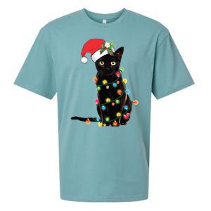 Christmas Lights Black Cat Santa Sueded Cloud Jersey T-Shirt