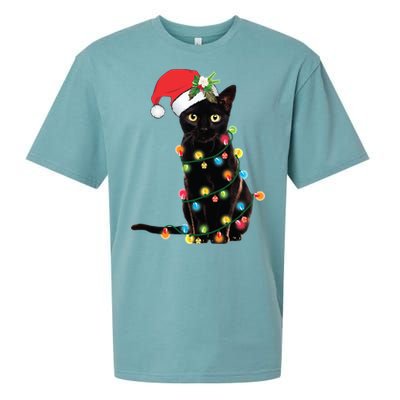 Christmas Lights Black Cat Santa Sueded Cloud Jersey T-Shirt