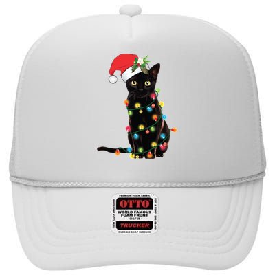 Christmas Lights Black Cat Santa High Crown Mesh Back Trucker Hat