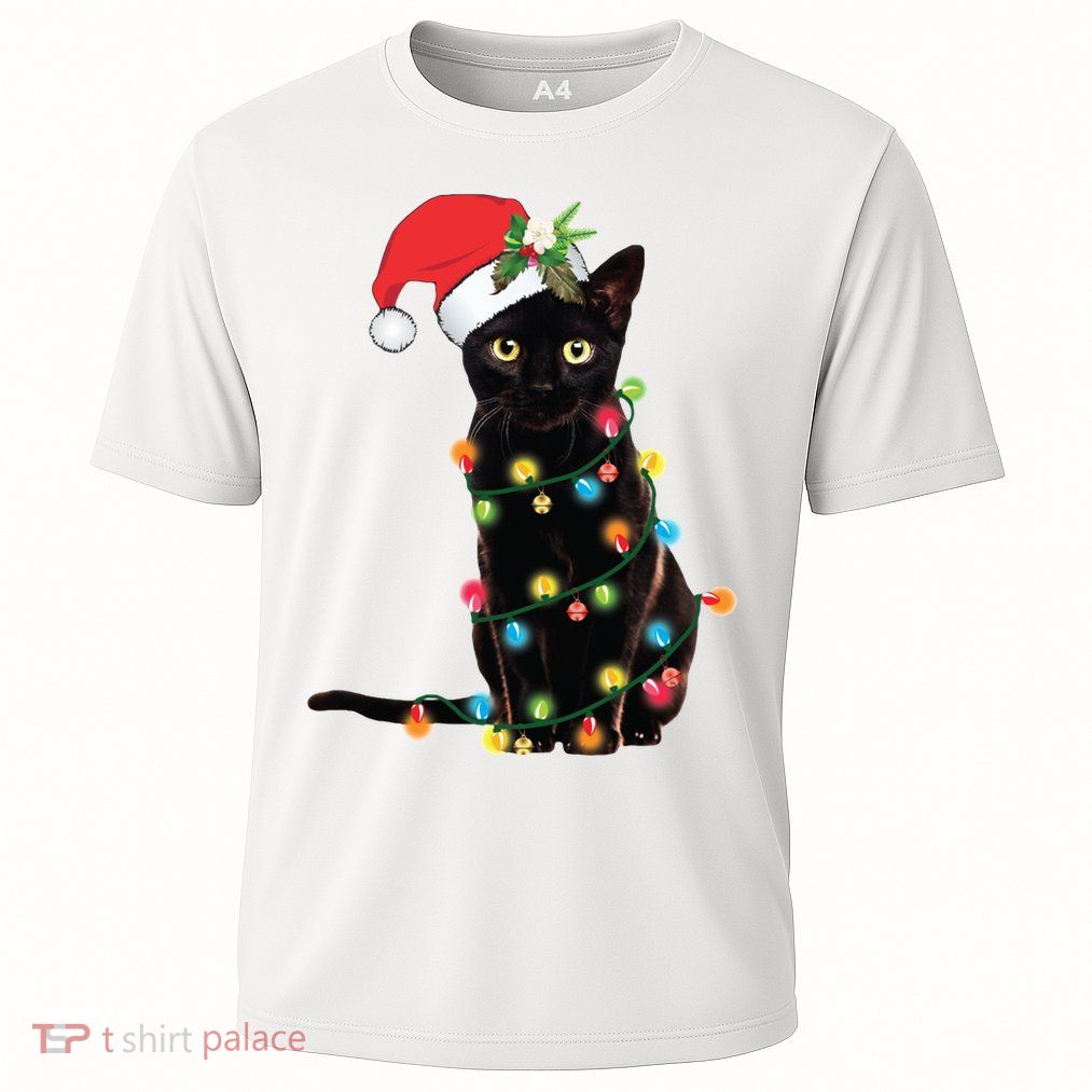 Christmas Lights Black Cat Santa Performance Shirt
