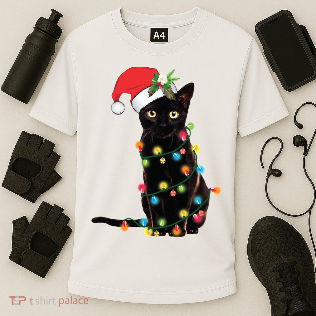 Christmas Lights Black Cat Santa Performance Shirt