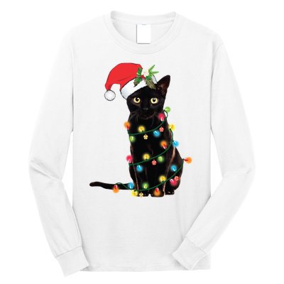 Christmas Lights Black Cat Santa Long Sleeve Shirt