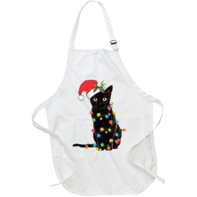 Christmas Lights Black Cat Santa Full-Length Apron With Pockets