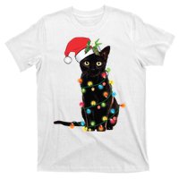 Christmas Lights Black Cat Santa T-Shirt