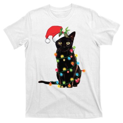 Christmas Lights Black Cat Santa T-Shirt