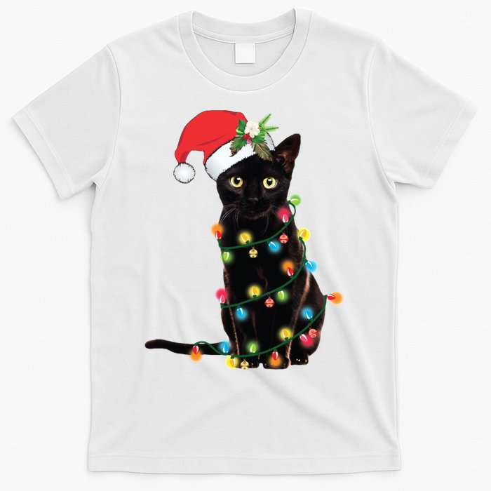 Christmas Lights Black Cat Santa T-Shirt