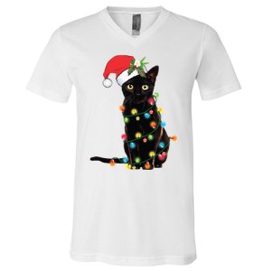 Christmas Lights Black Cat Santa V-Neck T-Shirt