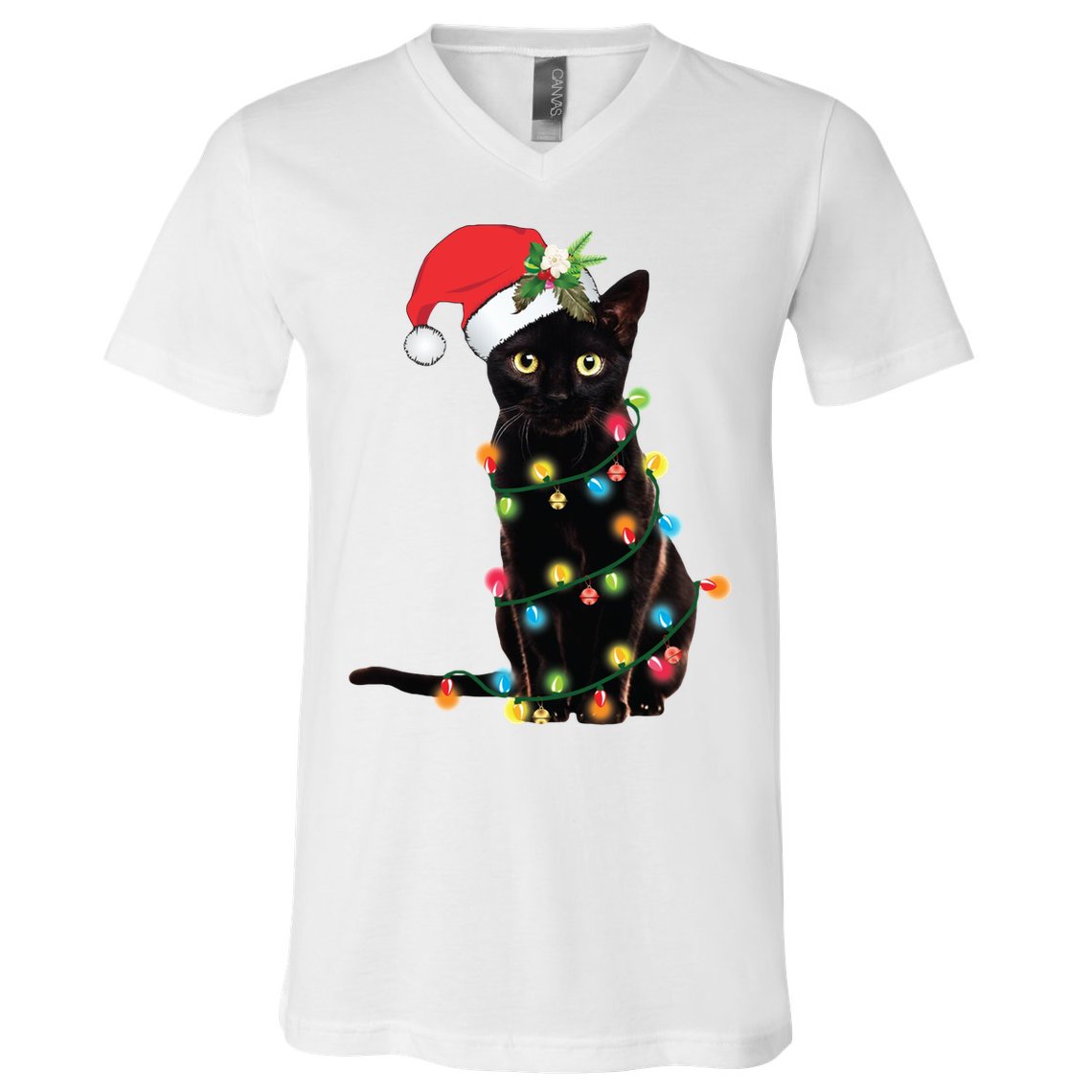 Christmas Lights Black Cat Santa V-Neck T-Shirt