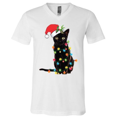 Christmas Lights Black Cat Santa V-Neck T-Shirt