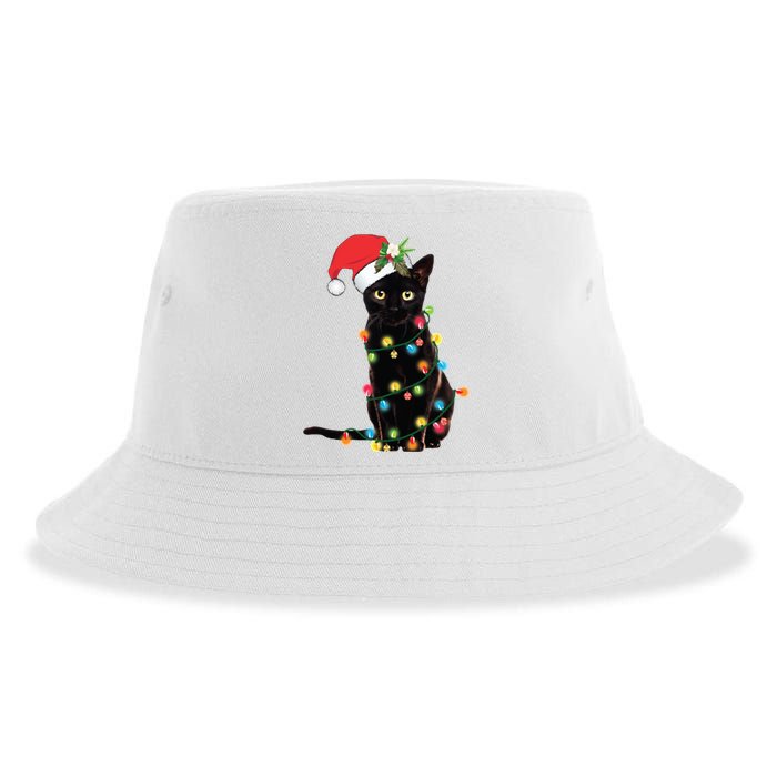 Christmas Lights Black Cat Santa Sustainable Bucket Hat