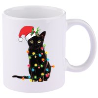 Christmas Lights Black Cat Santa 11oz C Handle Ceramic Mug