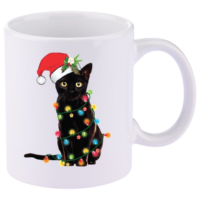 Christmas Lights Black Cat Santa 11oz C Handle Ceramic Mug