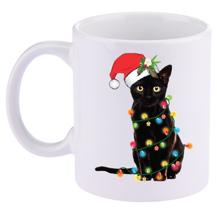 Christmas Lights Black Cat Santa 11oz C Handle Ceramic Mug