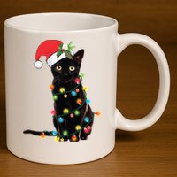Christmas Lights Black Cat Santa 11oz C Handle Ceramic Mug