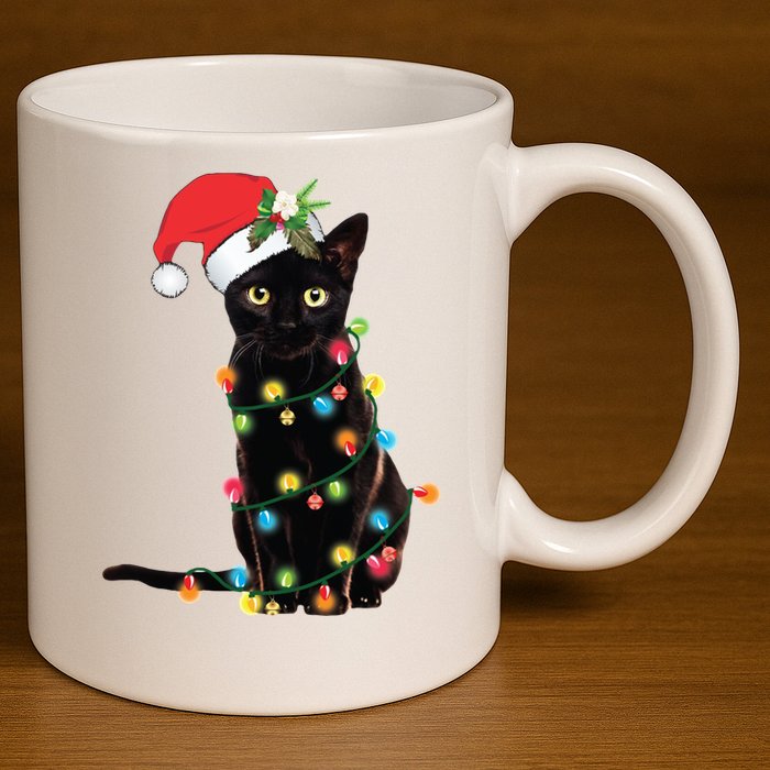 Christmas Lights Black Cat Santa 11oz C Handle Ceramic Mug