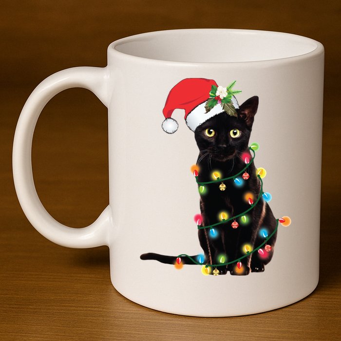 Christmas Lights Black Cat Santa 11oz C Handle Ceramic Mug