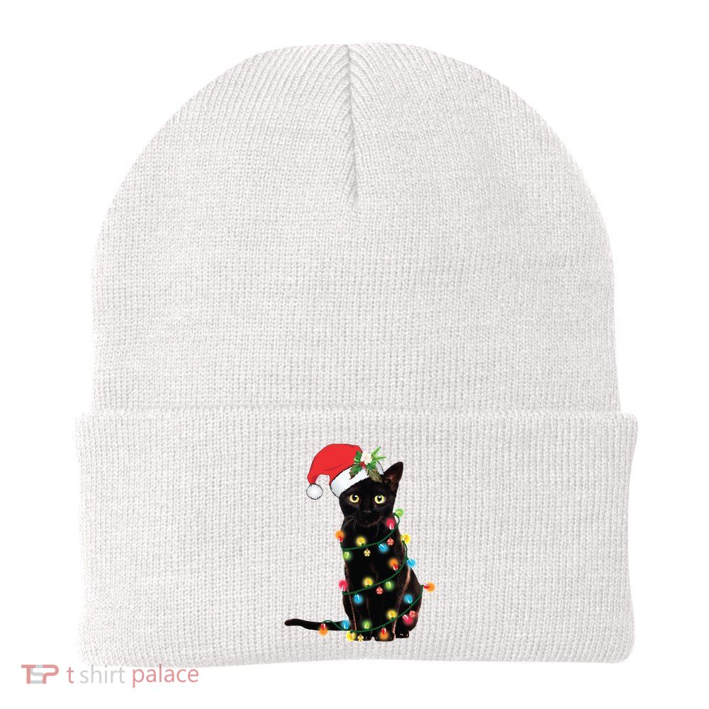 Christmas Lights Black Cat Santa Beanie