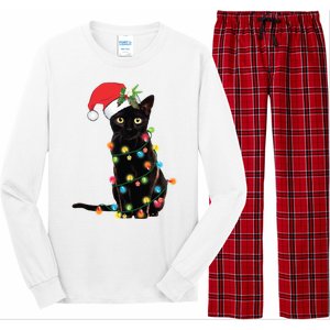 Christmas Lights Black Cat Santa Long Sleeve Pajama Set