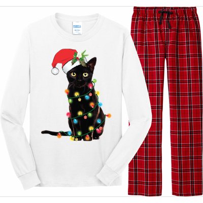 Christmas Lights Black Cat Santa Long Sleeve Pajama Set