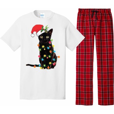 Christmas Lights Black Cat Santa Pajama Set