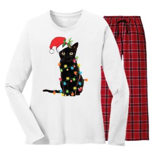 Christmas Lights Black Cat Santa Women's Long Sleeve Flannel Pajama Set 