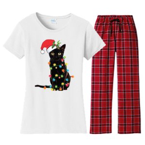 Christmas Lights Black Cat Santa Women's Flannel Pajama Set