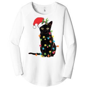 Christmas Lights Black Cat Santa Women's Perfect Tri Tunic Long Sleeve Shirt