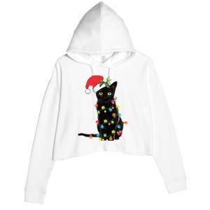 Christmas Lights Black Cat Santa Crop Fleece Hoodie