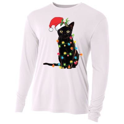 Christmas Lights Black Cat Santa Cooling Performance Long Sleeve Crew