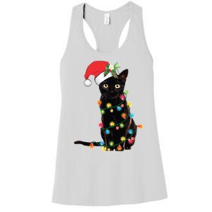 Christmas Lights Black Cat Santa Women's Racerback Tank