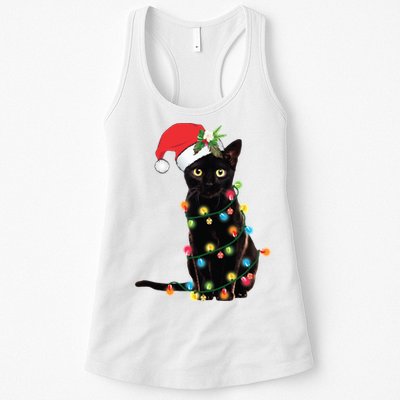 Christmas Lights Black Cat Santa Womens Tank Top