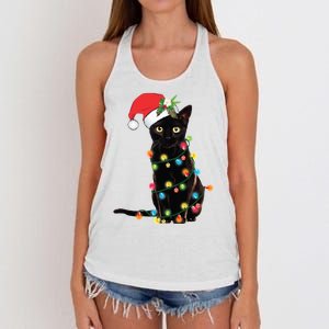 Christmas Lights Black Cat Santa Women's Knotted Racerback Tank