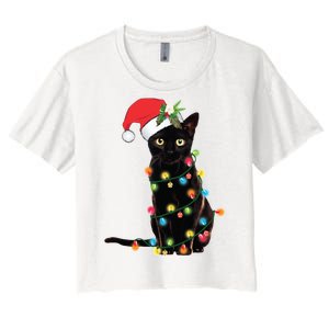 Christmas Lights Black Cat Santa Women's Crop Top Tee