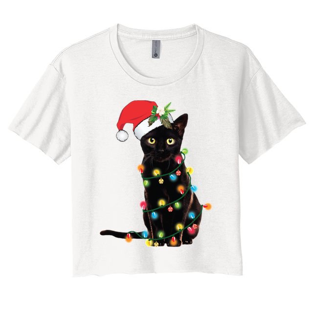Christmas Lights Black Cat Santa Crop Top
