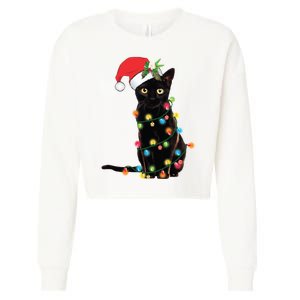 Christmas Lights Black Cat Santa Cropped Pullover Crew