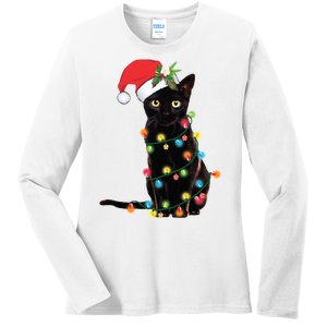 Christmas Lights Black Cat Santa Ladies Long Sleeve Shirt