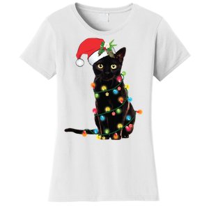 Christmas Lights Black Cat Santa Women's T-Shirt