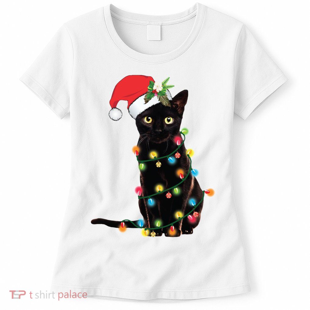 Christmas Lights Black Cat Santa Womens T-Shirt