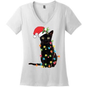 Christmas Lights Black Cat Santa Women's V-Neck T-Shirt