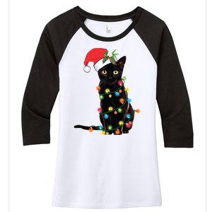 Christmas Lights Black Cat Santa Women's Tri-Blend 3/4-Sleeve Raglan Shirt