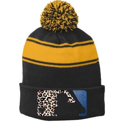 Cute Leopard Blue Jean Print Baseball Logo Stripe Pom Pom Beanie