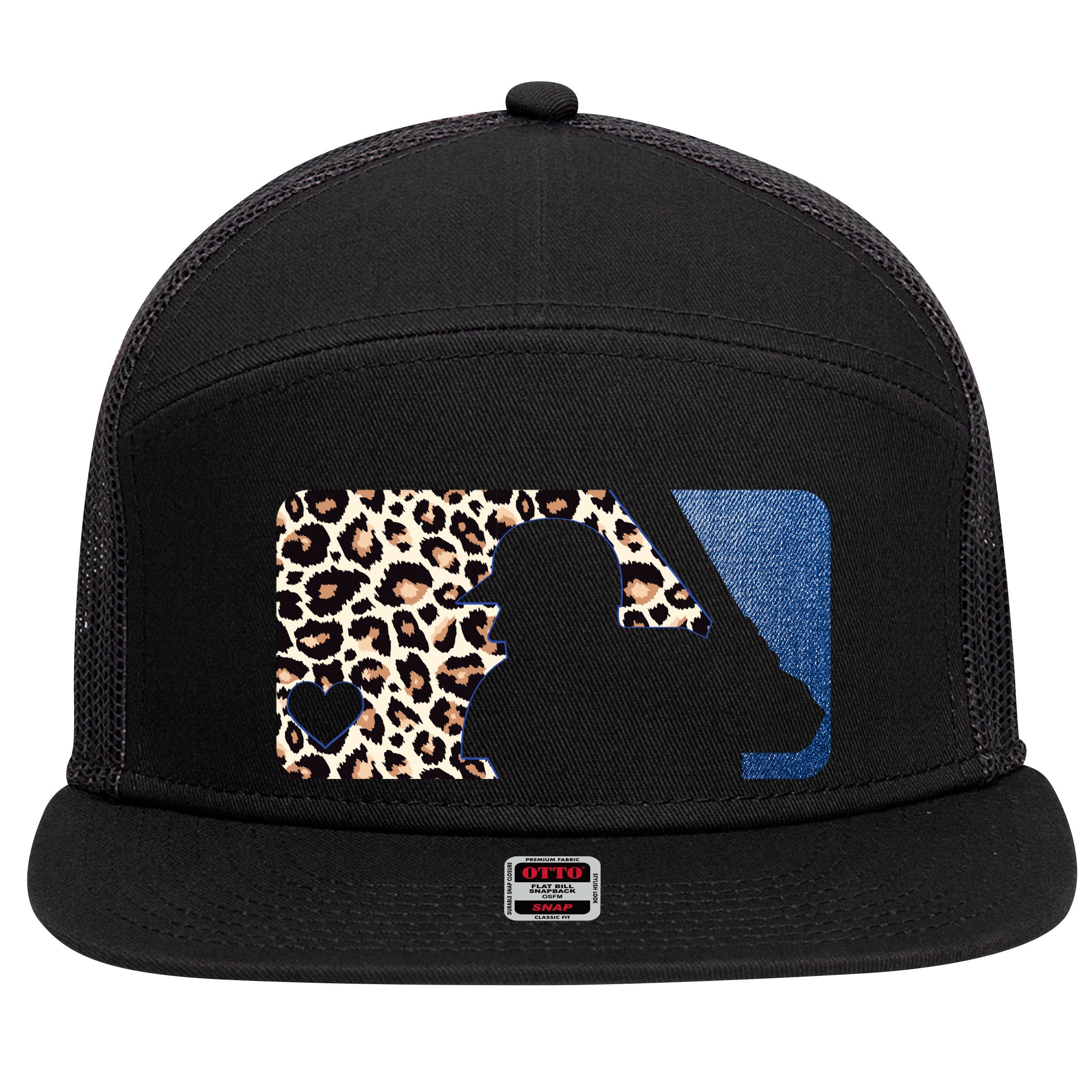 Cute Leopard Blue Jean Print Baseball Logo 7 Panel Mesh Trucker Snapback Hat